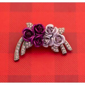 Vintage Pink Floral Rhinestone Silver Tone Brooch - O8